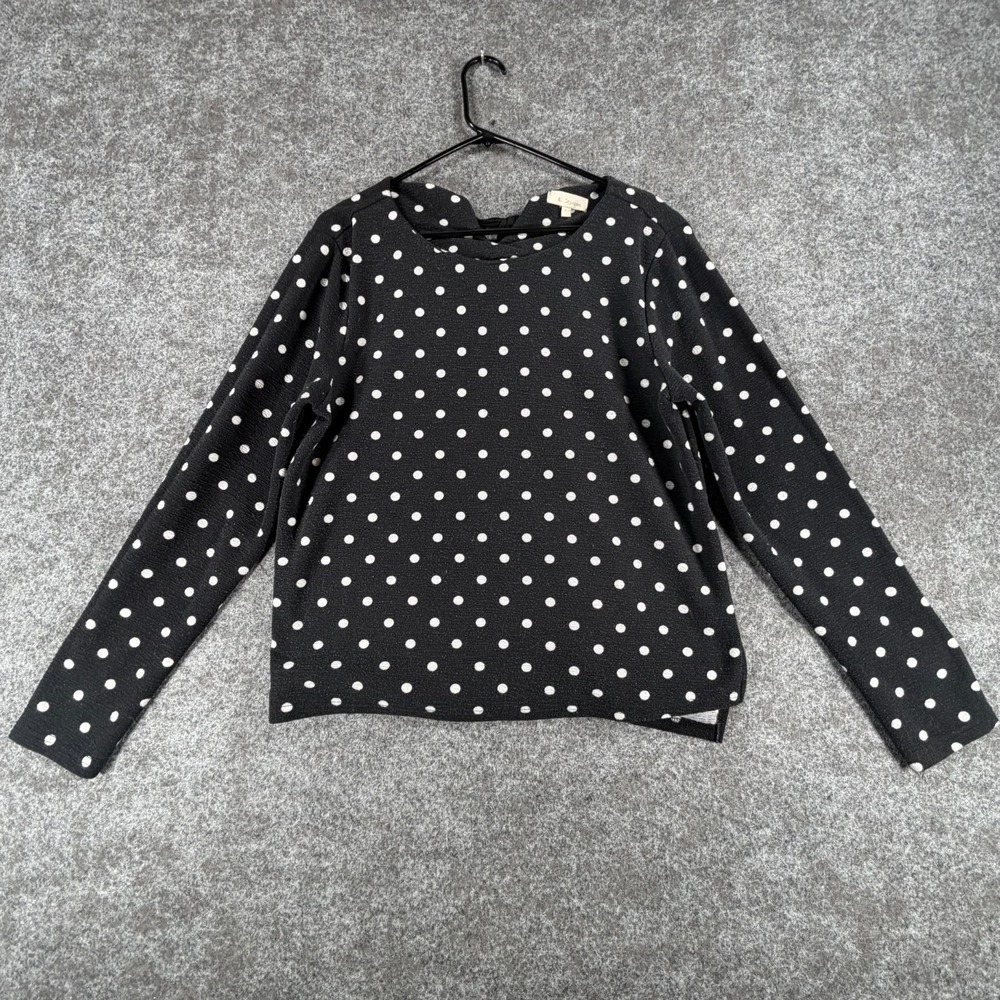 & Layered Blouse Top Womens L Black White Polka Dot Classic Long Sleeve Crewneck
